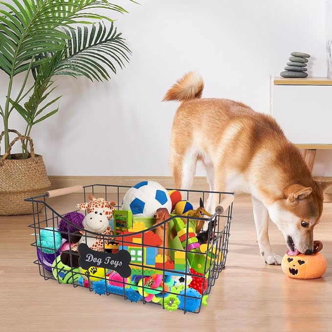 Metal Dog Toy Basket,Set of 2 Iron Wire Dog Toy Bin,Puppy Toy Box with Wooden Handle,Sturdy Dog Organizer Ideal for Leash,Blanket,Toys,Snacks,Accessories