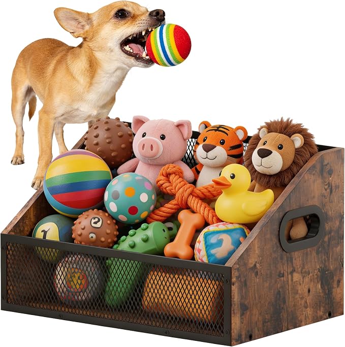 Piskyet Wood Dog Toy Bin, Dog Toy Box(Rustic Brown) | Wood Dog Toy Basket,Dogs Storage Organizer, Large Cat Toys Basket Box for Living Room Area Wooden Organizing Storage