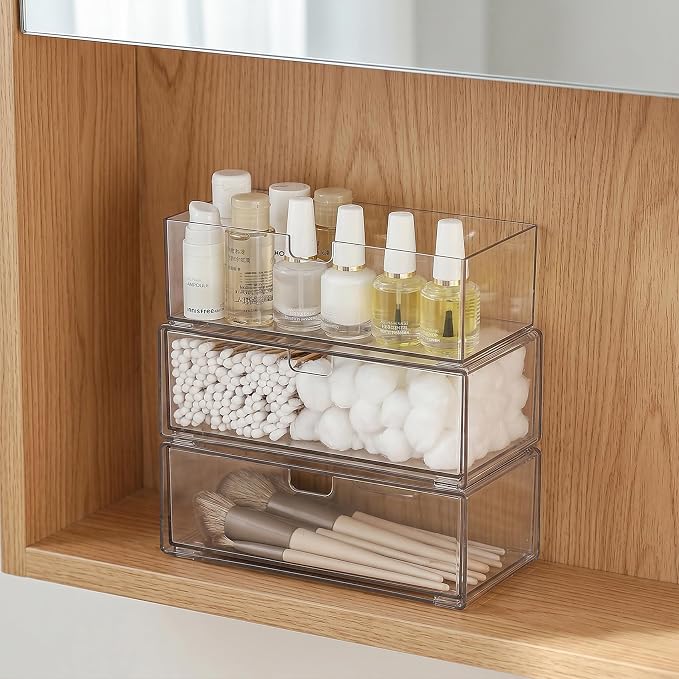 Stackable Medicine Cabinet Organizer for Bathroom, 3 Pack | 2 Drawers + 1 Tray, Clear View for Quick Access, Smooth Pull-Out, Non-Slip & Place Stably, Fits Vanity, Desk & Bedroom