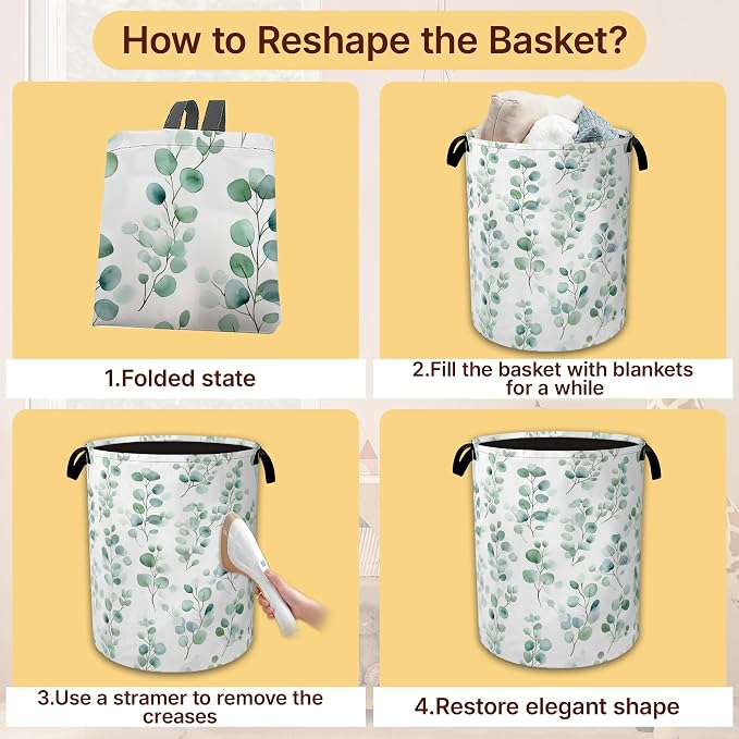 Laundry Hamper Foldable with Handles,Watercolor Eucalyptus Oxford Cloth Laundry Basket,Leaves Art Storage Organizer for Bathroom Bedroom Dorm 16"x20.8"