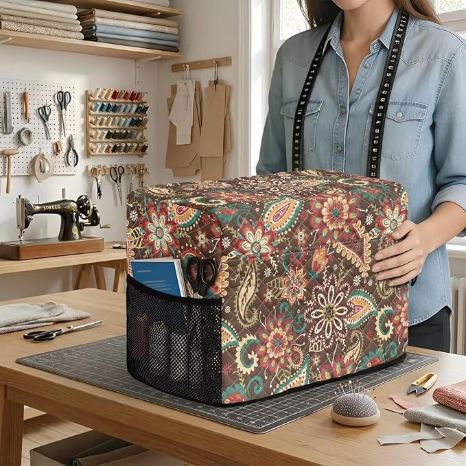 Sewing Machine Cover Polyester Febric Vintage Paisley Floral Print | Dust Pet Hair Protection,Quilting Design,Fits Standard Singer,Brother Janome Machines,Protecting Decorating Your Sewing Space