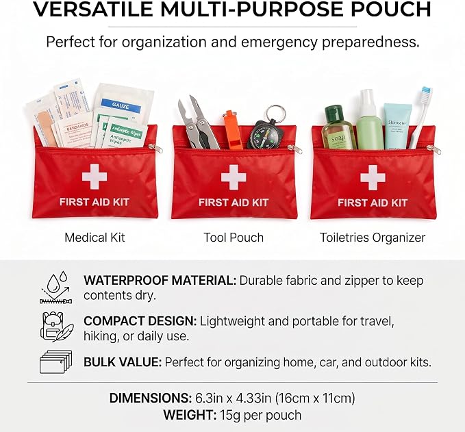 12 Pack Empty First Aid Kit Bag, Small First Aid Pouch Bulk, Water Resistant Travel Medical Organizer, Mini Emergency Supply Storage for Home, Car, Office, Camping, Outdoors (Red, 11x16cm, Bag Only)