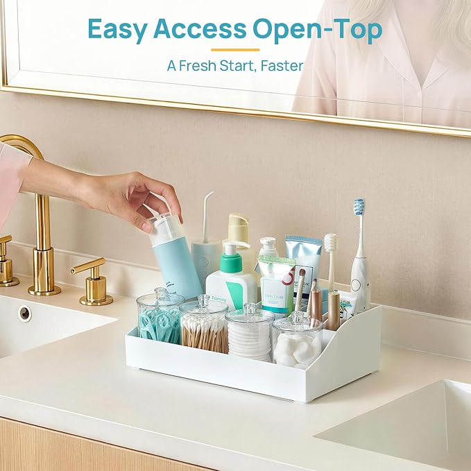 Vtopmart 5 PCS Bathroom Countertop Organizer Sets, White | 1 Divided Tray with 4 Qtip Holder Jars, For Toothbrush, Cotton Pads Balls, Floss, For Bathroom Countertop