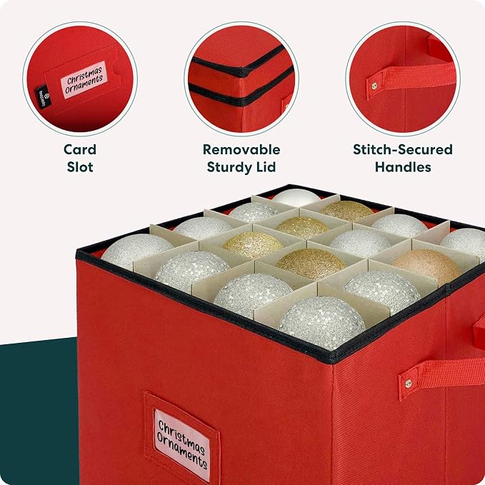 Handy Laundry, Christmas Ornament Storage - Stores up to 64 Holiday Ornaments, Adjustable Dividers, Covered Top, Two Handles. Storage Box Keeps Holiday Decorations Clean & Dry for Next Season. (Red)