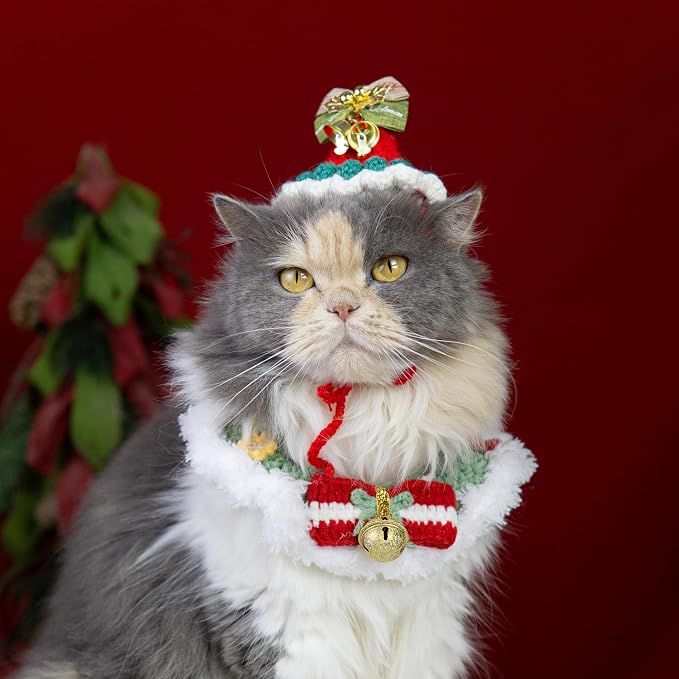 Christmas Dog Costume, Handmade Cat Holiday Outfit with Christmas Tree Hat & Wreath Scarf Set, Adjustable,Lightweight & Breathable,Pet Accessories for Rabbits Xmas Party & Photos