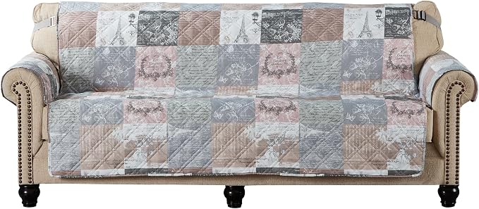 Brilliant Sunshine Latte Grey Paris & Toile Loveseat Cover, 54" seat | Quilted Sofa Cover, Living Room & Bedroom Furniture Protector, Large Washable Love Seat Slipcover for Pets, Dogs & Cats