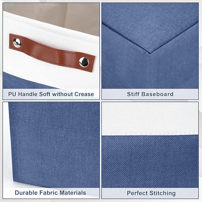 Bagnizer 13x13 Cube Storage Bins, Collapsible Fabric Storage Box, 4 Pack Closet Baskets with Handles for Organizing, Shelf, Toys, Clothes, Home, Office, Nursery (NavyBlue&White)