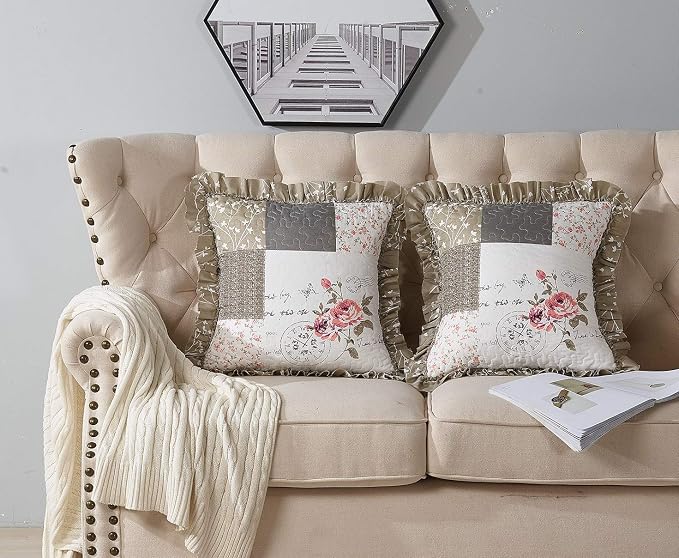 Brilliant Sunshine Pink Roses & Grey Toile Ruffle Pillowshams Set, 18"x18" | Patchwork Design with Ruffles, Quilted Pillow Covers, Washable Throw Cushion Cases for Couchs and Beds, Pack of 2