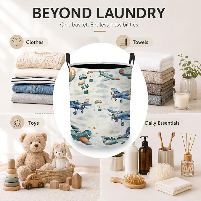 Vintage Airplanes Laundry Basket, Cloud Sky Collapsible Laundry Hamper Waterproof Oxford Cloth With Handles, Clothes Storage Bucket For Bathroom/Bedroom 16" x 20.8"