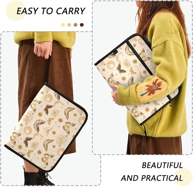 13 Pocket Zipper Expanding File Folder A4 Moon Butterfly | Accordion File Organizer with Front Pouch A4 Letter Size Portable Folders for Documents Receipt School Office Supplies