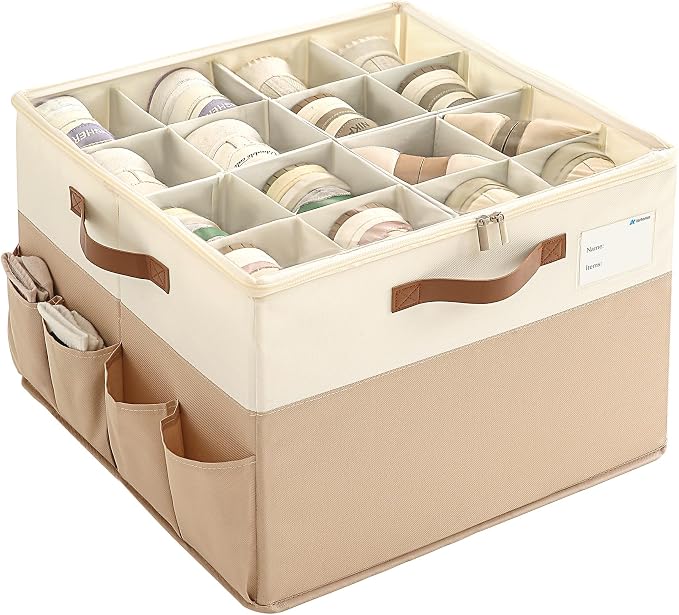 Varhomax Shoe Organizer Box for Closet, Fabric Shoe Storage Bin with Adjustable Dividers & Clear Cover, Holds up 16-32 Pairs of Sneakers & Sandals for Entryway, Cubby