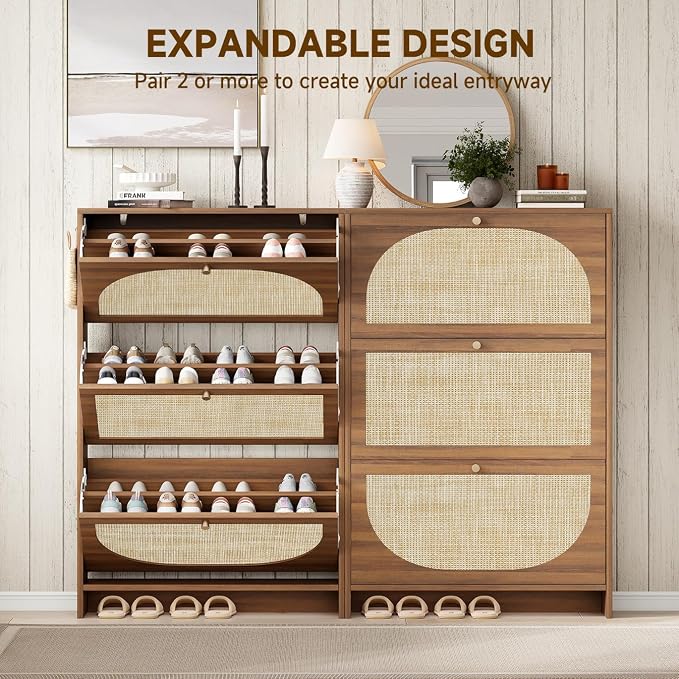 Shoe Storage Cabinet for Entryway, Slim Arched Rattan Accent Shoe Cabinet with 3 Flip Drawers & 3-Tier Adjustable Shelves, Modern Boho Shoe Storage Cabinet, Narrow Shoe Rack for Small Spaces