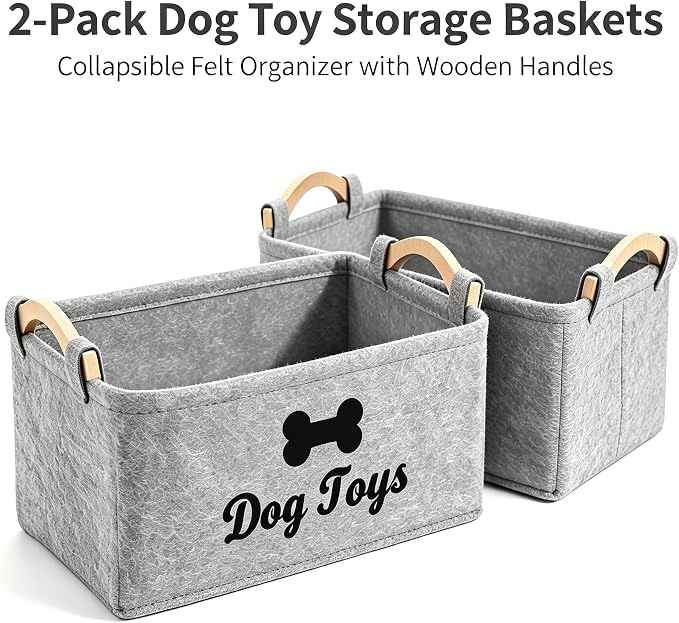 Dog Toy Storage Basket, Felt Pet Toy Organizer with Wooden Handles, Collapsible Pet Supplies Storage Bin for Dog Cat Toys, Treats, Accessories, Home Office Closet Organizer (LightGray-2)
