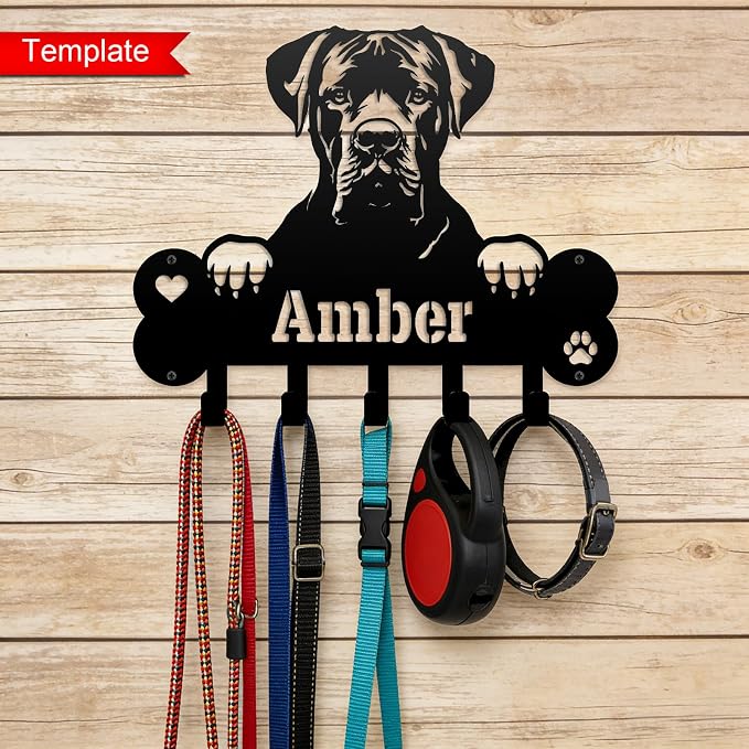 NIWAHO Dog Leash Holder Wall Mount Personalized Name - Custom Mountain Cur Metal Sign with Bone Key Hooks, Pet Leash and Key Organizer for Entryway