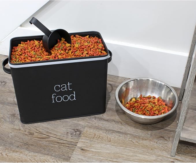 AuldHome Design Farmhouse Cat Food Container (Black) Enamel Look Rustic Cat Food Bin with Scoop