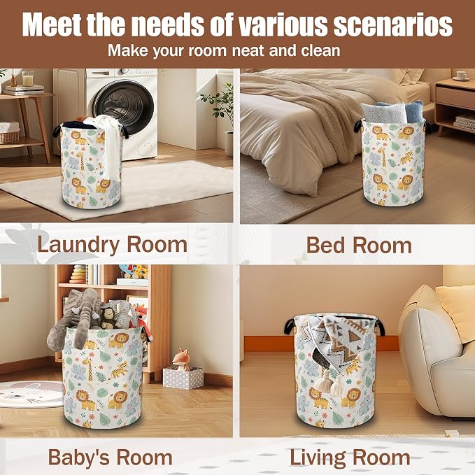 Cute Jungle Animals Cartoon Laundry Basket,Waterproof Foldable Laundry Hamper,Dirty Clothes Laundry Basket,Linen Bin Storage Organizer Collection 16" x 20.8"