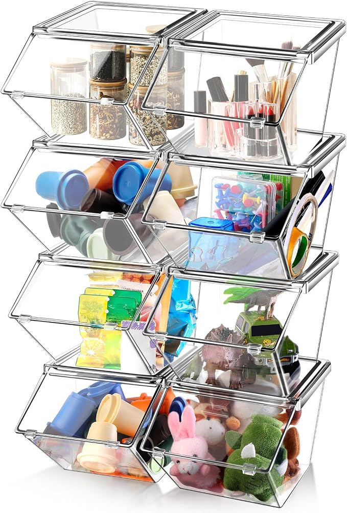 Yerliker 8 Pcs Clear Plastic Storage Bins with Lids Large Stackable Pantry Storage Organizer Bins Kitchen Organization Cabinet Organizers Ideal Containers for Fridge Kitchen abinets Bathroom