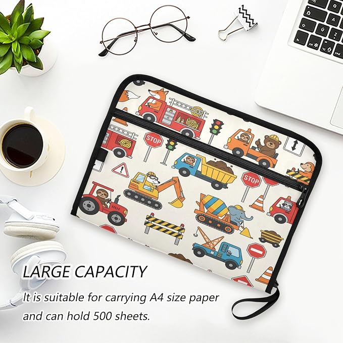 Colorful Construction Truck 13 Pocket File Organizer Expanding File Folder with Front Pouch Portable Business File Storage Document Organizer Folder with Zipper