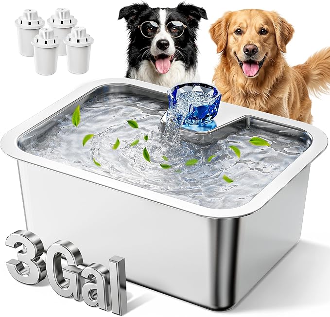 Stainless Steel Dog Water Fountain, 3 Gallon Extra Large Pet Fountains for Large Dogs, Great Dane Waterer Automatic Dog Bowl Dispenser,Filter Drinking Bowls for Multi Pets, Easy to Clean, Quiet Pump
