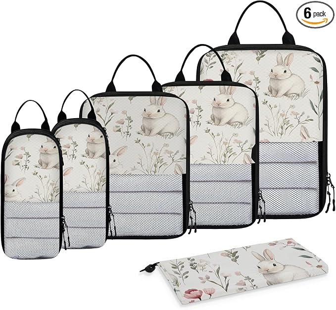 Bunnies Spring Flowers 6 Set Compression Packing Cubes | Travel Accessories Expandable Packing Organizers Space Saver Bags for Organizing Clothes