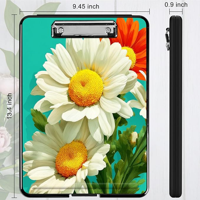 Heavy Duty Storage Clipboard, Slim Nursing Clipboard with Internal Pen Case, Portable File Organizer Case for A4 Letter Size Paper Office Medical Professionals, White Daisy
