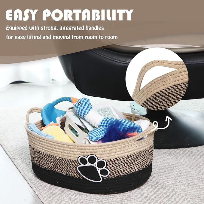 Sea Team Pet Toy Basket with Handles for Cats and Dogs, Flaxen Paw | Large Cotton Rope Storage Bin, Shelf Basket, Organizer for Pet Chew Toys, Foods, 16.5 x 11 x 7 Inches, 4.4 Gallons