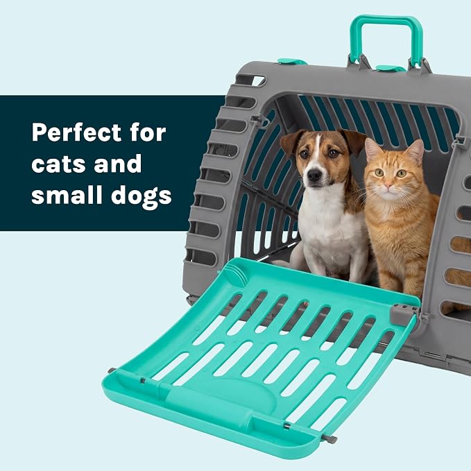 SportPet X-Large Hard-Sided Travel Cat Carrier - Cat Carrier with Patented Wide Side-Opening Door, Foldable Portable Pet Carrier for Cats & Small Pets up to 35lbs - Dark Gray/Teal