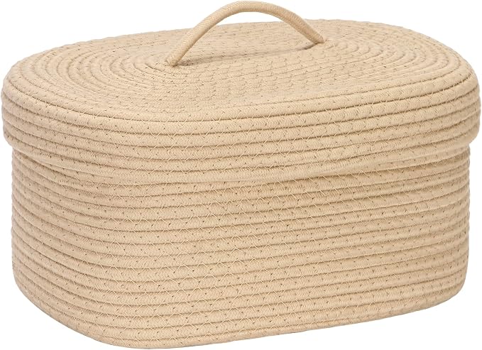 Sea Team Oval Storage Basket, Woven Cotton Rope Basket with Lid, Khaki | Decorative Knitted Storage Bin, Multi-Purpose Lidded Organizer for Closet Shelves, Nursery and Household Storage