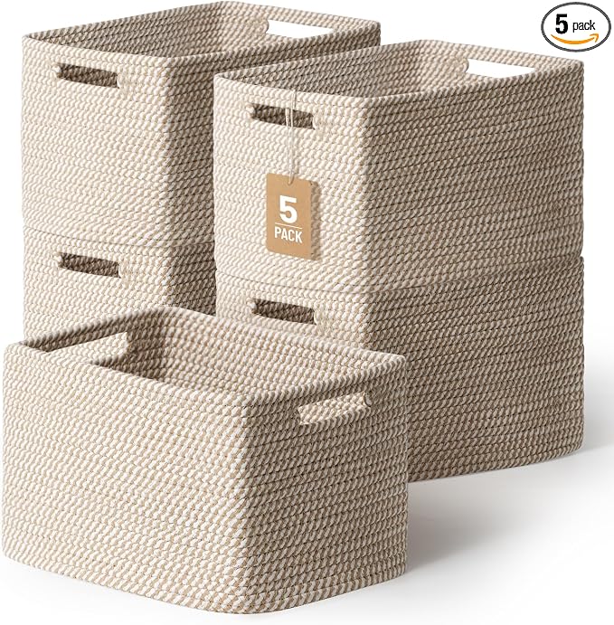 5 Pack Woven Storage Baskets, Decorative Storage Bins for Organizing | 13.8'' × 9.8'' × 7.9'', Cotton Rope Basket Organizer for Closet, Shelves, bathroom, Nursery, Toys, Books, Pantry, Khaki