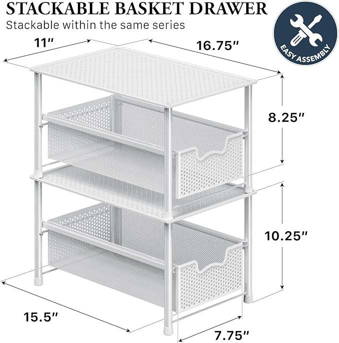 Simple Houseware Stackable Under Sink Sliding Basket Drawer, White | Perforated Free Standing Organizer, Kitchen/Pantry/Cabinet/Counter