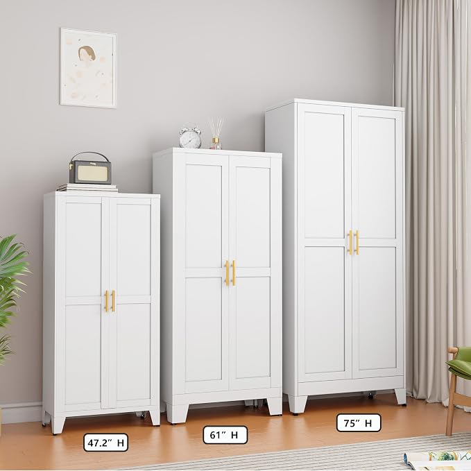 Ckzbx White Metal Cabinets with Doors and Shelves, 61" H Storage Cabinet Pantry Cabinet Garage Cabinets for Kitchen, Living Room, Dinning Room