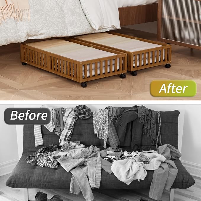 Under Bed Storage with Wheels, 2 Pcs Bamboo Drawers for Clothes and Toy | 360° wheels glide smoothly. Sturdy bamboo frames hold clothes, shoes, bedding and toys. Easy pullout access keeps rooms tidy