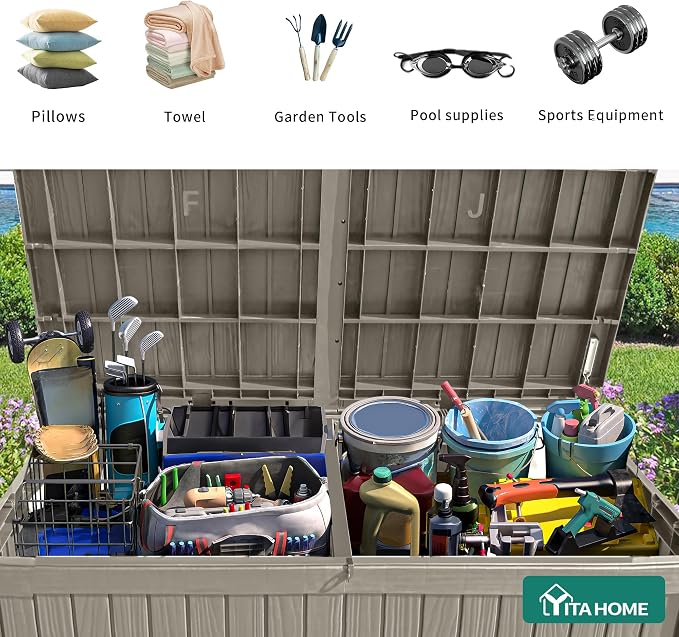 YITAHOME 180 Gallon Large Deck Box w/Divider | XL Waterproof Outdoor Storage for Patio Furniture,Outdoor Cushions, Garden Tools, Sports Equipment and Pool Supplies, Resin