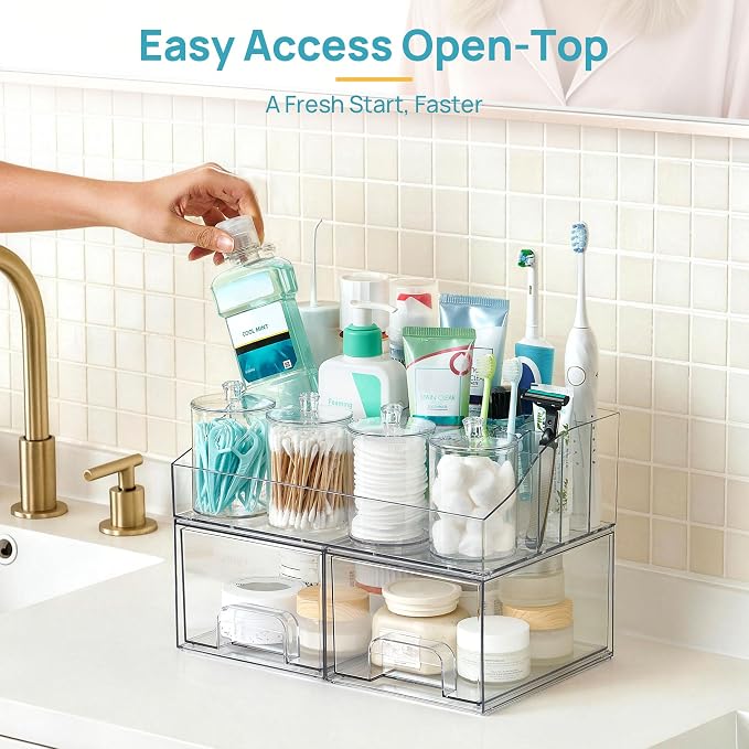 Vtopmart 7 PCS Bathroom Countertop Organizer | 1 Divided Tray, 4 Qtip Holder Jars, 2 Drawers, Clear, For Toothbrush, Cotton Pads, for bathroom countertop