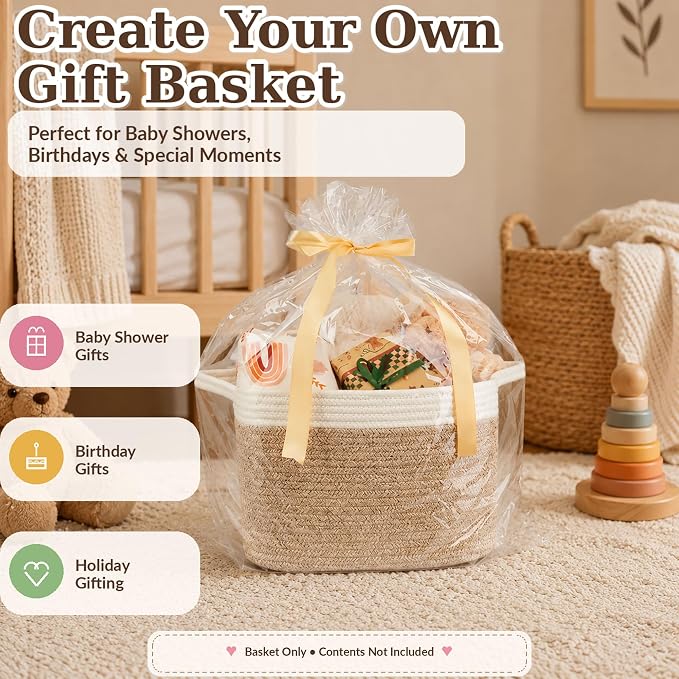 XUANGUO Woven Cotton Rope Storage Basket with Handles 13x10x9 inch | Woven cotton rope basket for shelves and closets. Perfect for toys, books, clothes, nursery storage and gift baskets.