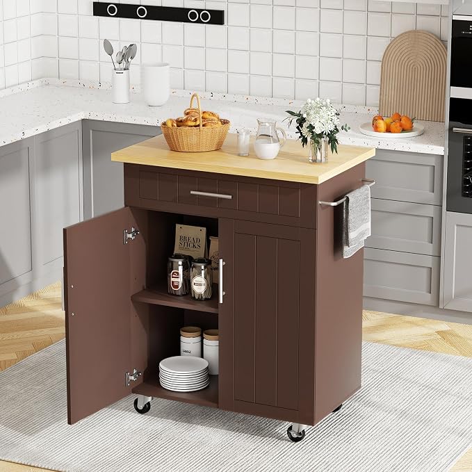 JY QAQA 26" Kitchen Island on Wheels with Storage Cabinet Kitchen Cart Cabinet with Shelves, Cart Handle for Towel Rack or Free Mobility, Portable Islands for Kitchen,Brown