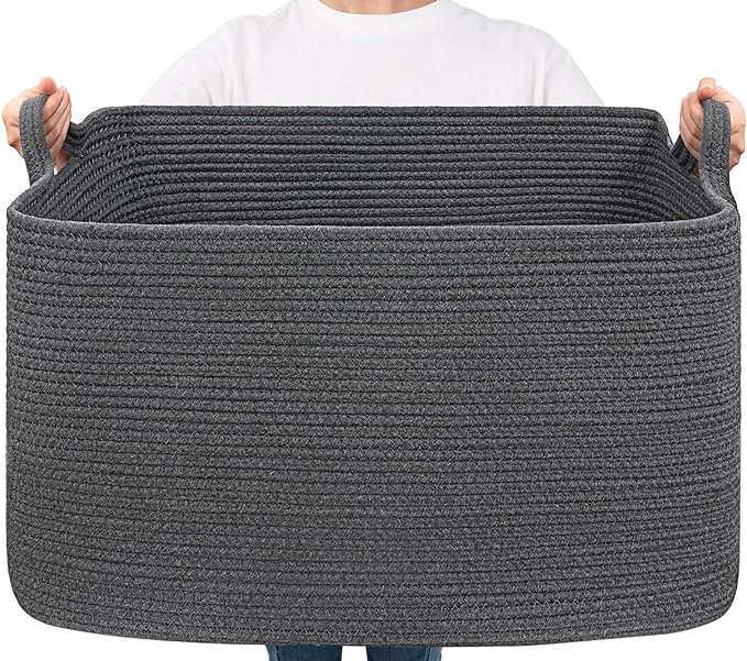 Goodpick 85L Large Woven Rope Blanket Basket, Rectangle, Dark Gray | 23.6'' x 15.7'' x 13.8'' Storage Basket for Blankets, Clothes, Toys & Pillows, Living Room, Bedroom & Nursery Organization