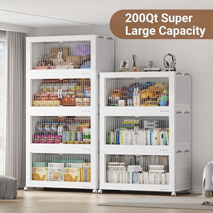 BROVIEW 800Qt Stackable Storage Bins with Lid for Home Dorm, 4Pack White | Closet Organizers, Foldable & Collapsible Cabinets, Large Containers, Wheels & Magnetic Doors, Plastic Drawers for School
