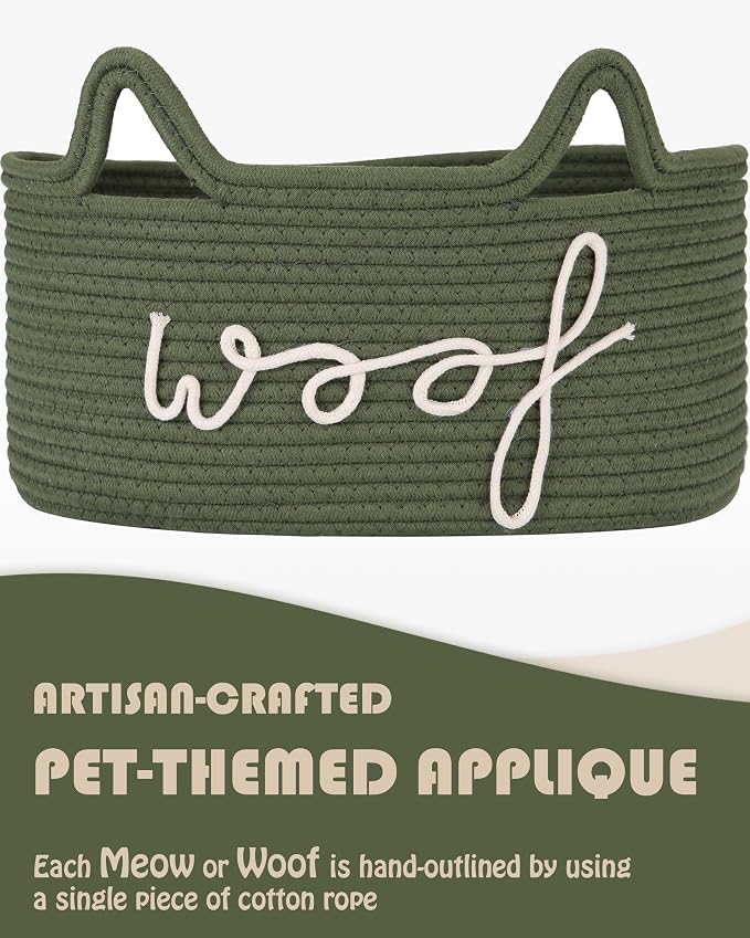 Sea Team Dog Toy Storage Basket with Handles and Ears, Green Woof | Large Cotton Rope Storage Bin, Shelf Basket, Organizer for Pet Chew Toys, Foods, 16.5 x 11 x 7 Inches, 4.4 Gallons
