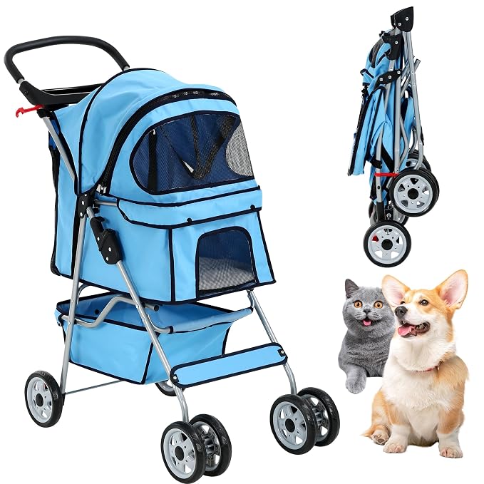 Pet Stroller,4 Wheels Dog Stroller with Storage Basket,Compact Portable Folding Carrier for Travel,Camping,Dog Carrier for Small Medium Dogs Or Cats,Lightweight Waterproof Pet Stroller,Blue