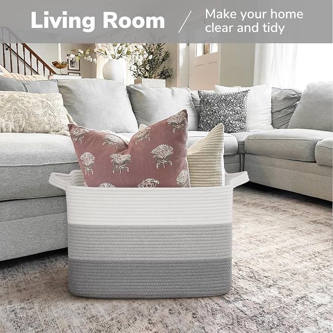 Goodpick 50L Large Woven Storage Basket, 18" x 14" x 12", Gradient Gray | Stylish Gift Basket for Home Decor, Cotton Rope Baskets for Toys & Nursery Essentials, Living Room & Bedroom Organization