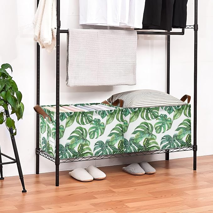 Green Tropical Leaves Spring Summer Leaf Storage Bins for Shelves with Labels&Handles Fabric Organizer Bin Foldable Rectangle Storage Basket Boxes for Closet, Bathroom, Home, Living Room
