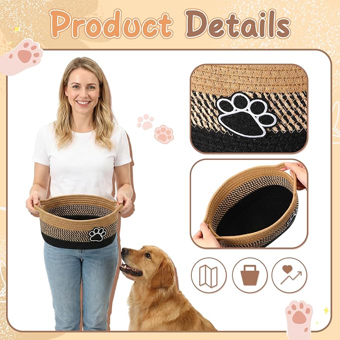 2 Pcs Dog Toy Basket Gift Baskets for Organizing Woven Organizers Cat Toy Food Storage Bin Cute Dog Paw Rope Storage Organizer with Handle, Cat Holder Container 11.8 x 7.8 x 5.1 Inch