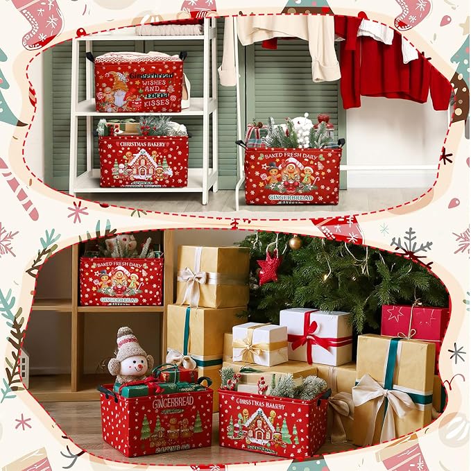 4 Pcs Christmas Storage Basket for Gifts Empty Large Gingerbread Man Storage Bins 15 x 10 x 8 Fabric Laundry Baskets with Handle Xmas Foldable Organizer Boxes for Office Home Cloth Toys Books