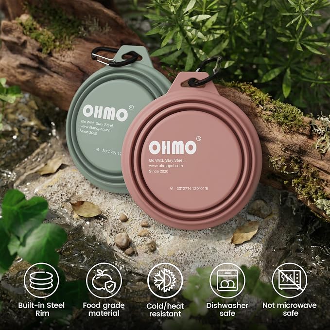 OHMO Small Collapsible Dog Bowls, Steel Rim, 12oz, 2pcs, Coral&Sage Green | Portable Pet Water&Food Bowl, Cat-Friendly, BPA-Free Silicone, Foldable, Hiking&Camping Travel Gear, Stable Shape, Easy-Clean
