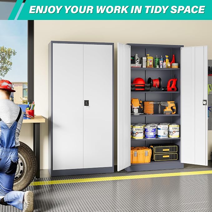 Wide & Deep Metal Storage Cabinet with Shelves,72 inch Tall Garage Storage Cabinet with Lock,Gray White Metal Cabinets with Locking Doors,Large Steel Lockable Cabinets for Home,Office,Shop,Garage