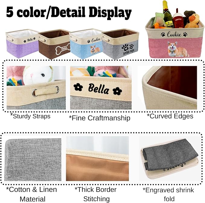 xrlsg Personalized Dog Toy Storage Basket Bin - Collapsible with Pet's Name - Rectangular Custom Storage Box Chest Organizer for Toys, Coats, Clothing, Blankets