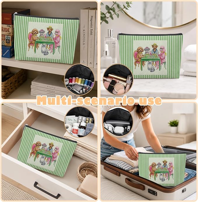 Funny Dog Cat Empty Mahjong Tile Bag 13x7.8 Inch | Green Striped Pet Portable Travel Case Organizer Zipper Pouch for American Mahjong Tiles Game Night Accessories and Gifts