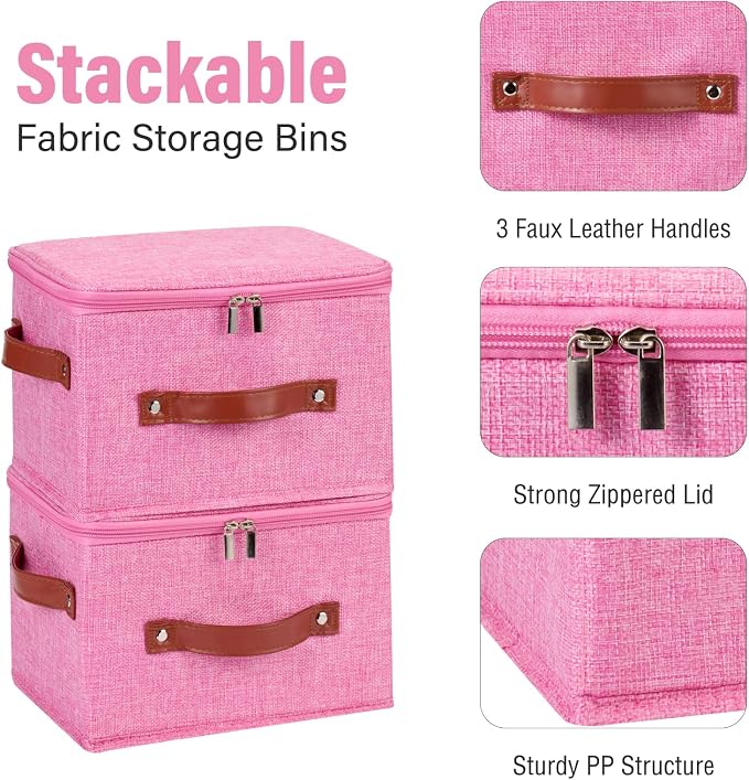 3PCS Storage Bins Boxes with Zippered Lid Decorative Baskets | Cotton Linen Fabric, Washable Foldable Stackable Clothes Container, Closet Shelf Organizer w/ PU Leather Handles, Pink-Small