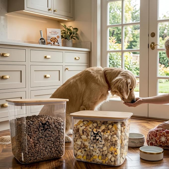 Pet Food Storage Containers, 2Pack Airtight Plastic Dog Cat Food Storage Container with Bamboo Lid,Dog Treat Container Jars Set,Treats Canister for Kitchen or Countertop,BPA Free, Clear